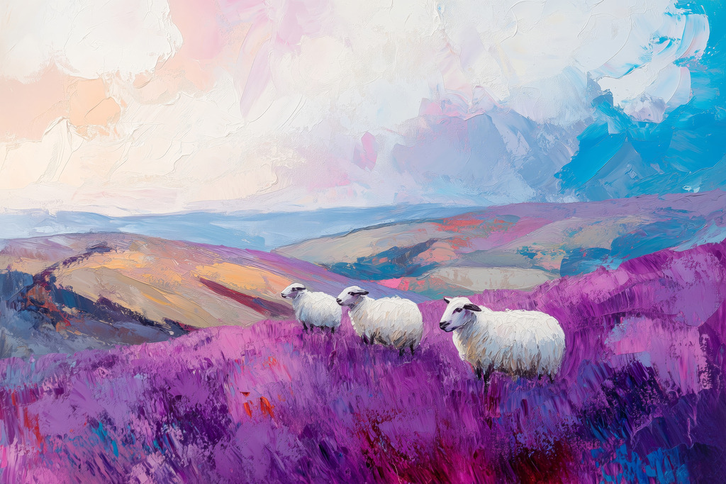 2504010 - Schafe in einer Heidelandschaft | Schafe zwischen Heidekraut im Stil eines Gemäldes.