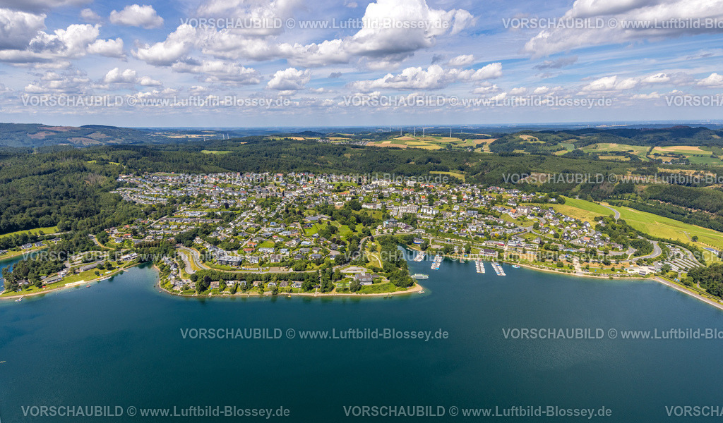 Sundern240708667 | Luftbild, Ortsansicht Langscheid und Sorpesee Uferbereich, Fernsicht und blauer Himmel mit Wolken, Langscheid, Sundern, Sauerland, Nordrhein-Westfalen, Deutschland