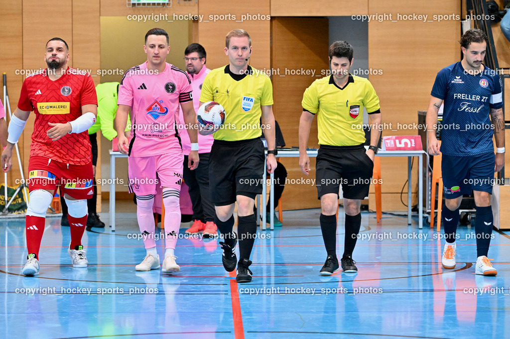Carinthia Flamengo Futsal Club vs. LPSV-K | #1 Youssef Helal Carinthia Flamengo, #7 Enes Brdjanovic Carinthia Flamengo, Daniel Stauber Referee, Bünyamin Kilicdagi Referee, #3 Nemanja Lukic LPSV-K, Carinthia Flamengo Futsal Club vs. LPSV-K, Carinthia Flamengo Futsal Club vs. LPSV-K am 03.11.2024 in Klagenfurt (Ballspielhalle Viktring), Austria, (Photo by Bernd Stefan)