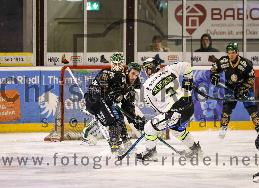 2024-02-23_087_TSV_Erding_gegen_ERSC_Amberg | Erding, Deutschland, 23.02.2024:
Eishockey, Bayernliga Playoffs 2023 / 2024, 3. Spieltag, TSV Erding gegen ERSC Amberg, Endergebnis: 2:3 n. V.

Maximilian Forster (Erding Gladiators, #81), Mauriz Silbermann (ERSC Amberg, #2)

Foto: Christian Riedel / fotografie-riedel.net