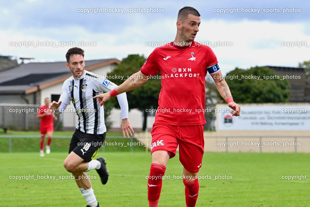 SVG Bleiburg vs. SAK 23.9.2023 | #24 Zoran Vukovic (K) SAK, #18 Alen Martinovic SVG Bleiburg, SVG Bleiburg vs. SAK 23.9.2023, SVG Bleiburg vs. SAK am 23.09.2023 in Bleiburg (Karl Kornberger Stadion), Austria, (Photo by Bernd Stefan)