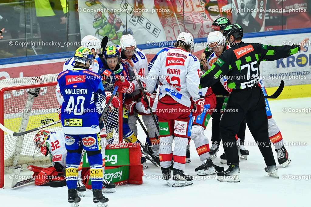 EC IDM WÄRMEPUMPEN VSV vs. EC KAC | #40 WALLENTA Elias EC VSV, #32 Dahm Sebastian EC KAC, #77 From Mathias EC KAC, #81 RICHTER Marco EC VSV, #78 MAXA Felix EC VSV, #12 Maier David EC KAC, Durmis Oto Referee, EC IDM WÄRMEPUMPEN VSV vs. EC KAC, EC IDM WÄRMEPUMPEN VSV vs. EC KAC am 02.02.2025 in Villach (Stadthalle Villach), Austria, (Photo by Bernd Stefan)