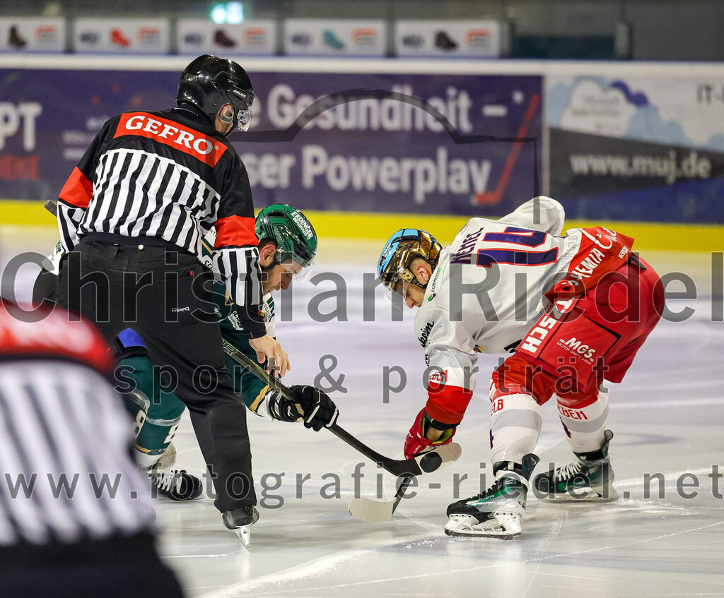 2025-11-16_094_TSV_Erding_gegen_Selber_Woelfe | Erding, Deutschland, 16.11.2025:Eishockey, Oberliga Süd 2025 / 2026, 17. Spieltag, TSV Erding gegen Selber Wölfe, Endergebnis: 3:1Maximilian Forster (Erding Gladiators, #81), Erik Nemec (Selber Wölfe, #14)Foto: Christian Riedel / fotografie-riedel.net