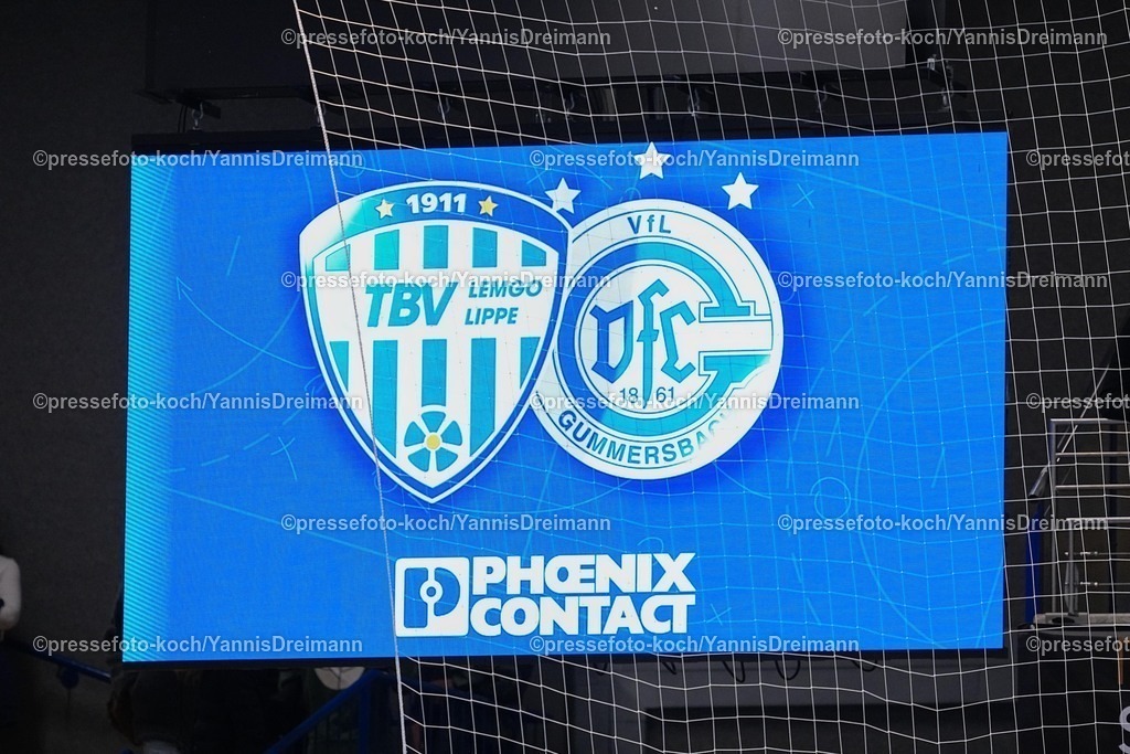 xYDRx05112501191 | 05.11.2025, xydrx, Handball, Achtelfinale DHB Pokal, TBV Lemgo Lippe - VfL Gummersbach, PHOENIX Contact-Arena: Anzeigetafel mit den Logos vom TBV Lemgo Lippe und VfL Gummersbach