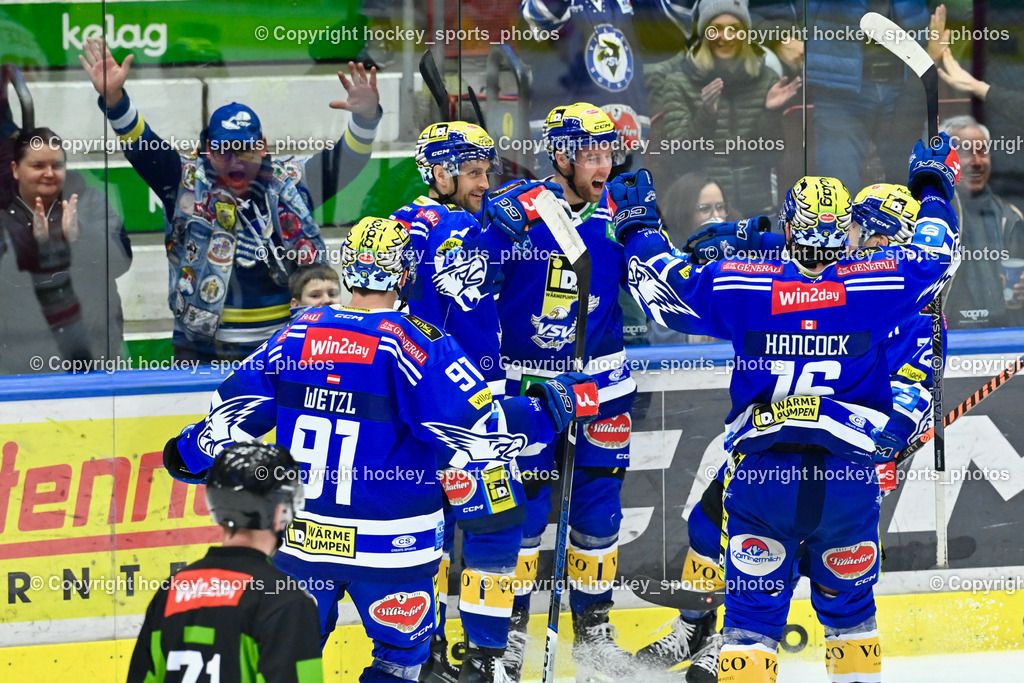EC VSV vs. HC Bozen 16.2.2024 | Jubel EC VSV, #91 WETZL Niklas,  #46 WALL Alex,   #55 SABOLIC Robert,  #16 Kevin Hancock,  EC VSV vs. HC Bozen 16.2.2024, EC VSV vs. HC Bozen 16.2.2024 am 16.02.2024 in Villach (Stadthalle Villach), Austria, (Photo by Bernd Stefan)