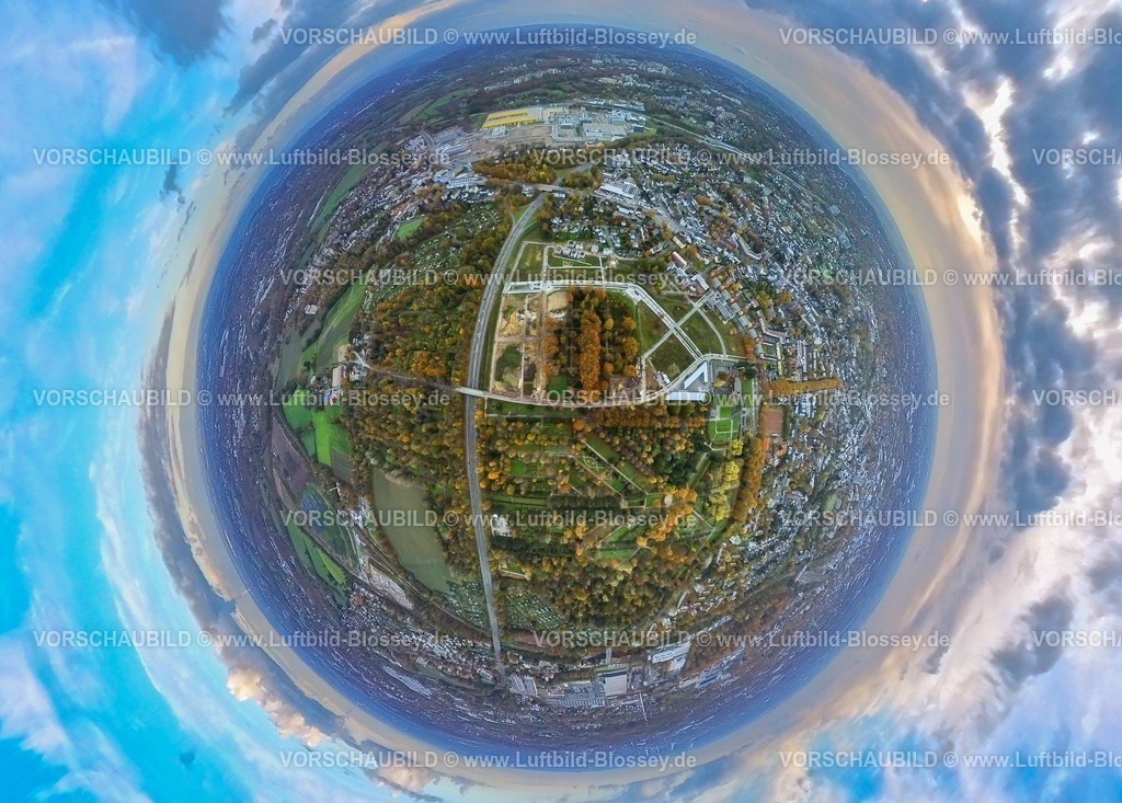 Bochum23119008OstParkBochum-topaz | Luftbild, Ostpark Quartier Feldmark, Baustelle ehemaliger Alter Friedhof, Baustelle am Campus Evangelische Hochschule Bochum, Baustelle und Neubau Wohnhäuser, herbstliche Laubbäume am Hauptfriedhof und Wohngebiet Altenbochum, Erdkugel, Fisheye Aufnahme, Fischaugen Aufnahme, 360 Grad Aufnahme, tiny world, little planet, fisheye Bild, Altenbochum, Bochum, Ruhrgebiet, Nordrhein-Westfalen, Deutschland