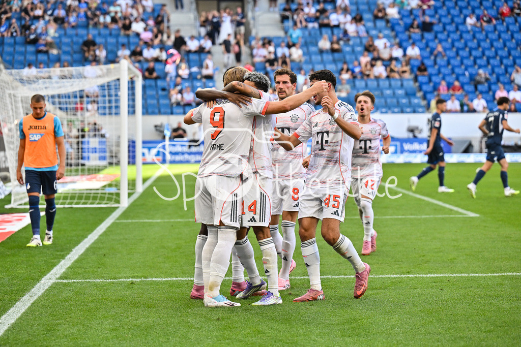 TSG 1899 Hoffenheim - FC Bayern München | Jubel der Bayern nach dem Treffer zum 0-2 durch Harry KANE (FC Bayern Muenchen 9) / Elfmeter / Tor / Torschuetze / Freude / Happy / Bundesliga: TSG 1899 Hoffenheim - FC Bayern München; PreZero-Arena am 20.09.2025 / DFL REGULATIONS PROHIBIT ANY USE OF PHOTOGRAPHS AS IMAGE SEQUENCES AND/OR QUASI-VIDEO