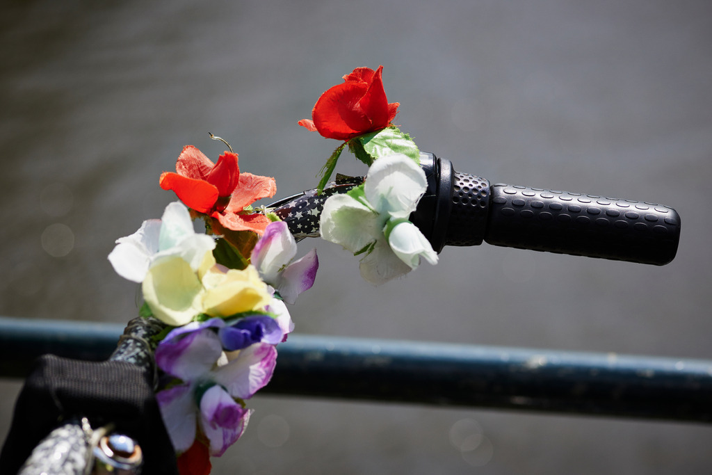 Kunsstoffblumen auf Radlenkstange | Amsterdam, Niederlande - July 14, 2014: Kunststoffblumen auf einer Radlenkstange. - Realisiert mit Pictrs.com