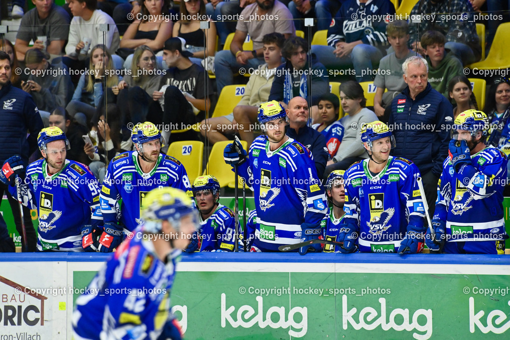 EC IDM Wärmepumpen VSV vs. HC Bozen 19.9.2023 | Spielerbank EC VSV, #95 KATIC Mark,  #84 Andrew Desjardins, #8 REBERNIG Maximilian,  #72 HUGHES John, #9 RAUCHENWALD Alexander, win2day icehockeyleague, EC IDM Wärmepumpen - HC Bozen  am 19.09.2023 in Villach (Stadhalle Villach), Austria, (Photo by Bernd Stefan)