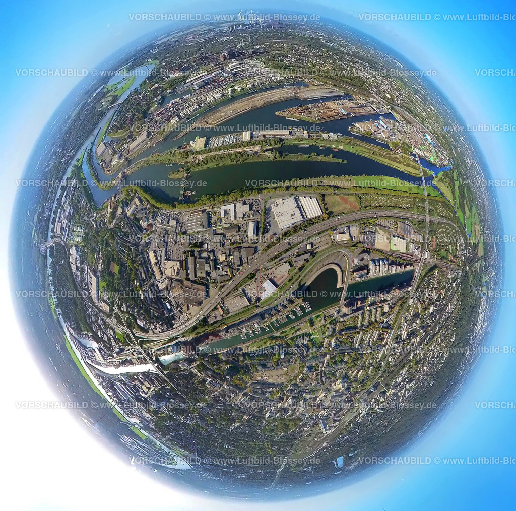 Duisburg221006_08Duisport_Innenhafen | Luftbild, Duisport Innenhafen, Marina Yachthafen und The Curve, Hafengebiet, Fisheye Aufnahme, Fischaugen Aufnahme, 360 Grad Aufnahme, Kaßlerfeld, Duisburg, Ruhrgebiet, Nordrhein-Westfalen, Deutschland