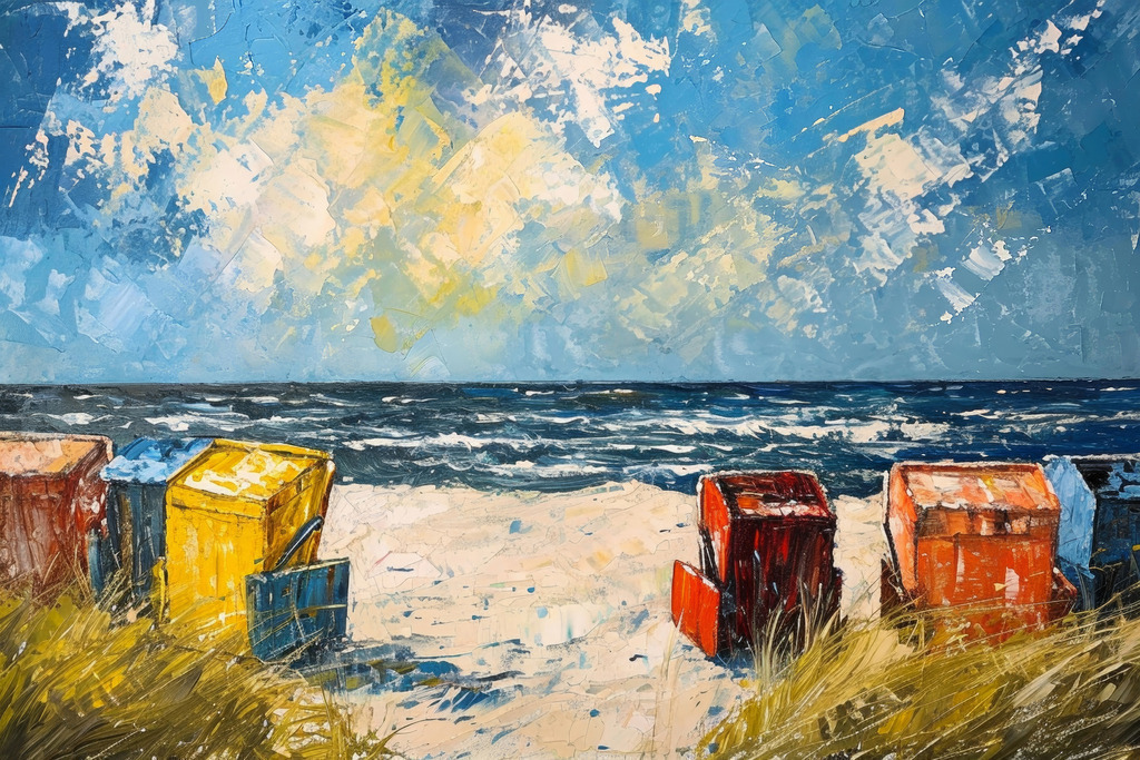 2402006 - Strandkörbe am Meer | Strandkörbe an einem Nordseestrand im Stil eines abstrakten Gemäldes.