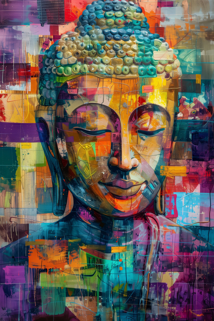 2407041 - Buddha Pop Art | Eine Buddha Skulptur im Stil eines modernen Gemäldes als hochwertiger Kunstdruck. Für Preise, Größen- und Materialauswahl klicken Sie bitte auf "Bestellen.