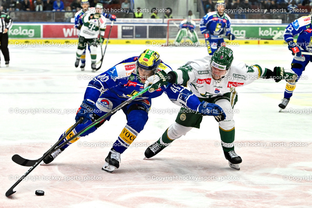 EC IDM Wärmepumpen VSV vs. FTC-TELEKOM JÉGKORONG | #40 Elias Wallenta EC VSV, #44 Paavo Tyni FTC-Telekom, EC IDM Wärmepumpen VSV vs. FTC-TELEKOM JÉGKORONG, EC IDM Wärmepumpen VSV vs. FTC-TELEKOM JÉGKORONG am 19.10.2025 in Villach (Stadthalle Villach), Austria, (Photo by Bernd Stefan)