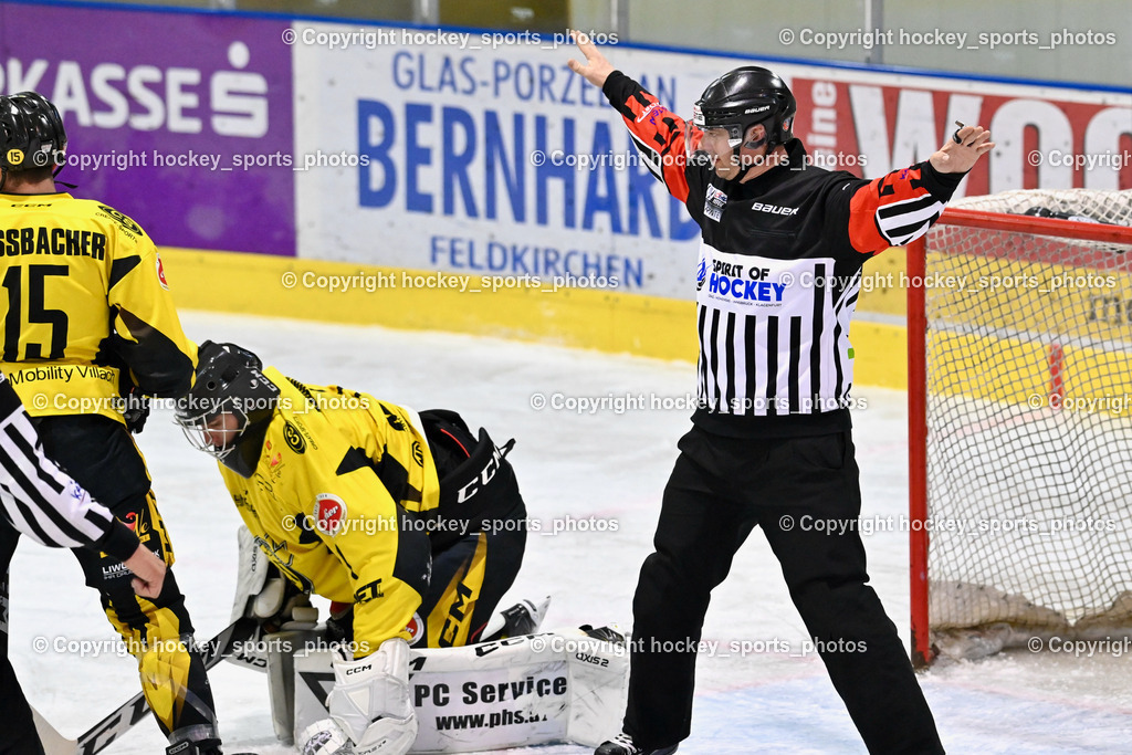 ESC Steindorf vs. EC Hornets Spittal 25.2.2024 | #1 Zauchner Rene EC Hornets Spittal, Altersberger Roland Referee,ESC Steindorf vs. EC Hornets Spittal 25.2.2024, ESC Steindorf vs. EC Hornets Spittal 25.2.2024 am 25.02.2024 in Steindorf (Ossiachersee Halle), Austria, (Photo by Bernd Stefan)