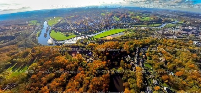 Witten231190030RuhrtalHohenstein-topaz | Luftbild, Naherholungsgebiet Hohenstein mit Wald und herbstlichen Laubbäumen, Fluss Ruhr und das Ruhrtal mit dem Laufwasserkraftwerk Hohenstein, Ruhr-Viadukt-Witten, Blick zum Wohngebiet Ortsteil Bommern, Erdkugel, Fisheye Aufnahme, Fischaugen Aufnahme, 360 Grad Aufnahme, tiny world, little planet, fisheye Bild, Witten, Ruhrgebiet, Nordrhein-Westfalen, Deutschland
