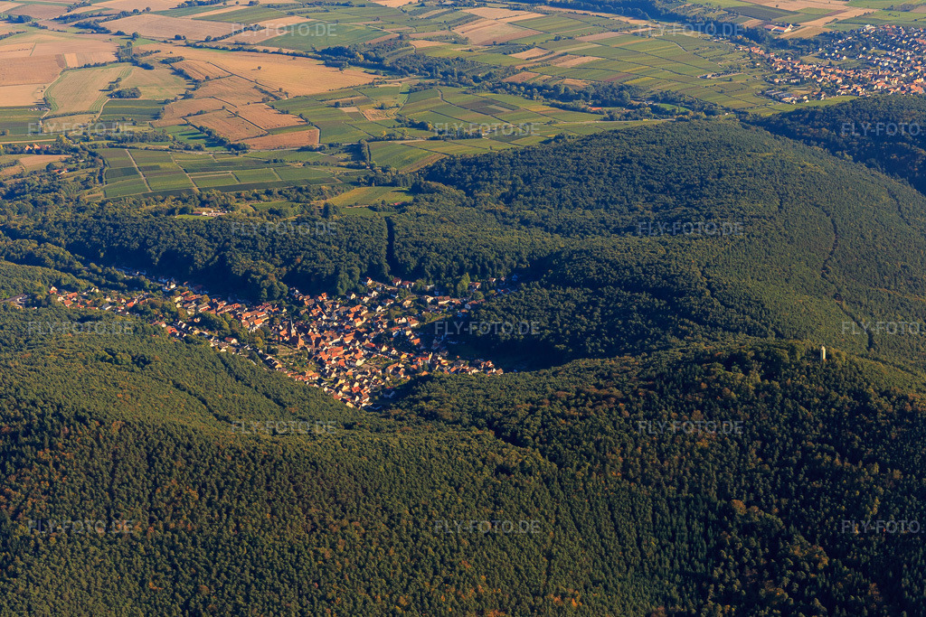 Luftbild: Dorfansicht im Pfälzerwald aus Westen in Dörrenbach im Bundesland Rheinland-Pfalz in Deutschland. Foto: IMG_095268.jpg vom 16.10.2016 durch Werner Riehm/FLY-FOTO.de