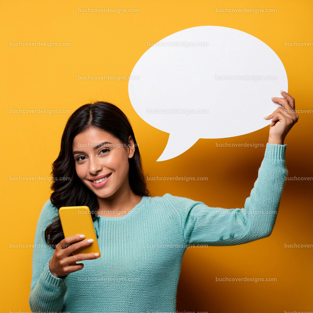 frau mit Mobile Telefon und Sprechblase (33) | Entdecken Sie kreative Buch Cover Designs für Self-Publishing-Autoren und Verlage! Unsere maßgeschneiderten Designs ziehen Leser an und bringen Ihre Geschichten visuell zum Leben. Lassen Sie uns Ihr perfektes Cover gestalten!