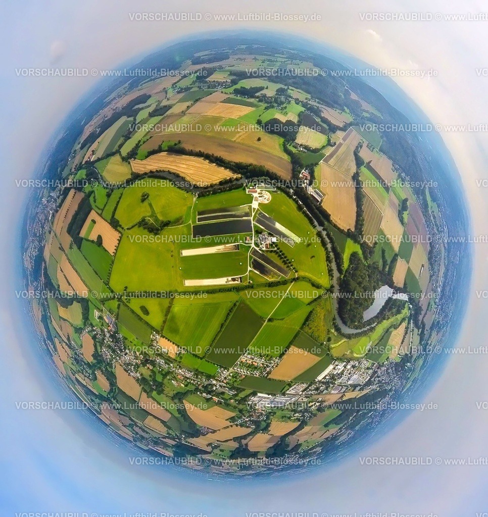 Froendenberg230990110 Warmen Wasserwerk | Luftbild, Wasserwerk Warmen, umgeben von Wiesen und Feldern, Fluss Ruhr, Erdkugel, Fisheye Aufnahme, Fischaugen Aufnahme, 360 Grad Aufnahme, tiny world, Warmen, Fröndenberg, Ruhrgebiet, Nordrhein-Westfalen, Deutschland