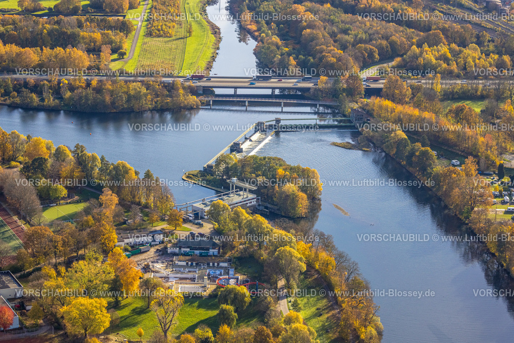 Herdecke251104539 | Luftbild, Kraftwerk Stiftsmühle und Fluss Ruhr, Volmemündung mit Volmebrücke der Autobahn A1 und Radwegbrücke, Freibad und Wasserrutsche, herbstliche Bäume, Herdecke, Ruhrgebiet, Nordrhein-Westfalen, Deutschland