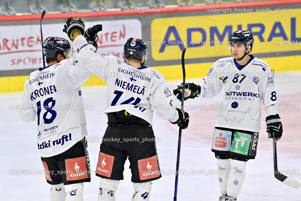 EC KAC Future Team vs. Die Adler Kitzbühl 7.10.2023 | Jubel EC Kitzbühel, #18 Kuronen Jimi EC Kitzbühel, #14 Niemelä Joonas Mikael EC Kitzbühel, #87 Urbanek Martin EC Kitzbühel, EC KAC Future Team vs. Die Adler Kitzbühl 7.10.2023, EC KAC Future Team vs. Die Adler Kitzbühl am 07.10.2023 in Klagenfurt (Messehalle Klagenfurt), Austria, (Photo by Bernd Stefan)