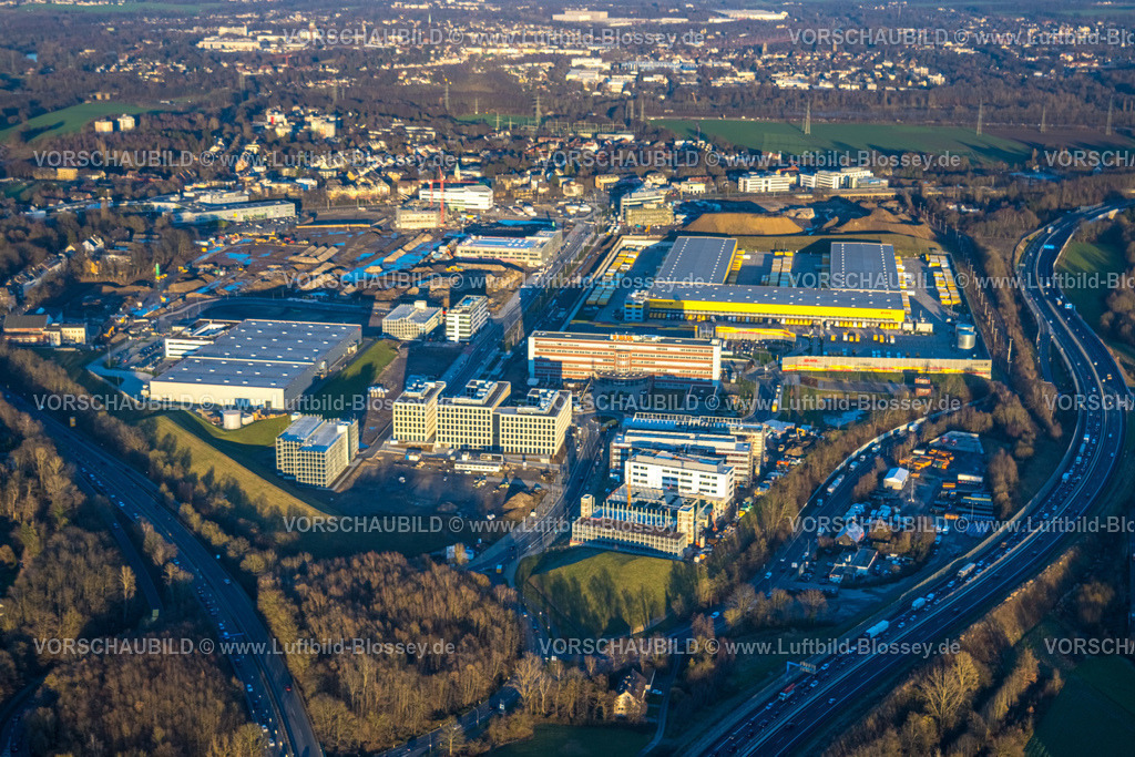 Bochum230202572 | Luftbild, Baustelle Mark 51/7, O-Werk, DHL Logistik, Ideenschmiede drei Gebäude mit Techunternehmen Viactiv und VMRay und Physec, VW Volkswagen Infotainment, Laer, Bochum, Ruhrgebiet, Nordrhein-Westfalen, Deutschland