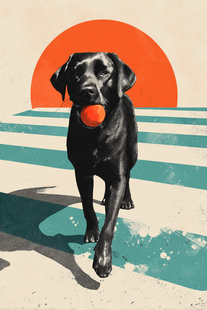 Poster: Urban Labs – Zebrastreifen-Fetch – Schwarzer Labrador mit Ball | Dynamische Stadt-Szene mit schwarzem Labrador auf reduzierter Straßenfläche, rotem Kreis und Teal-Akzenten. - Realisiert mit Pictrs.com