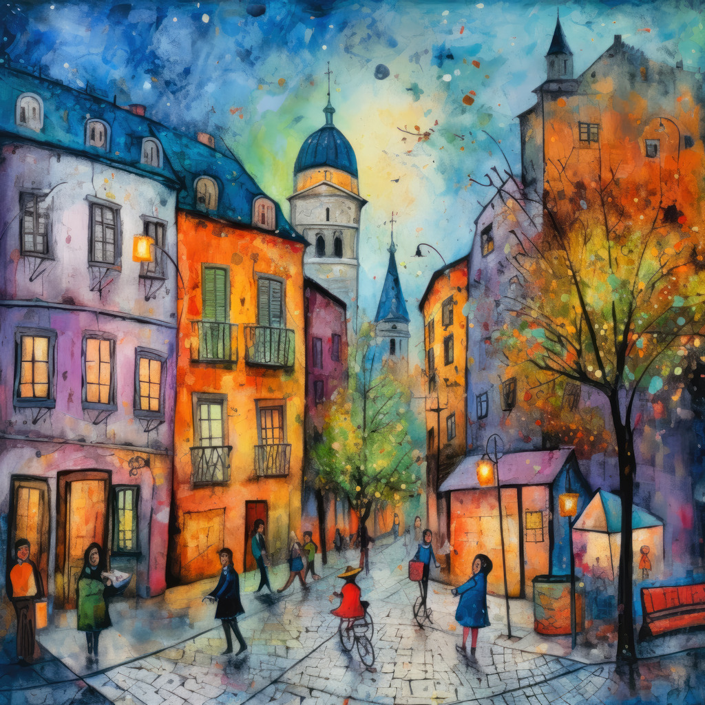 2307132 - Budapest  | Platz in Budapest, illustratives Motiv, das an den Stil von Marc Chagall erinnert.