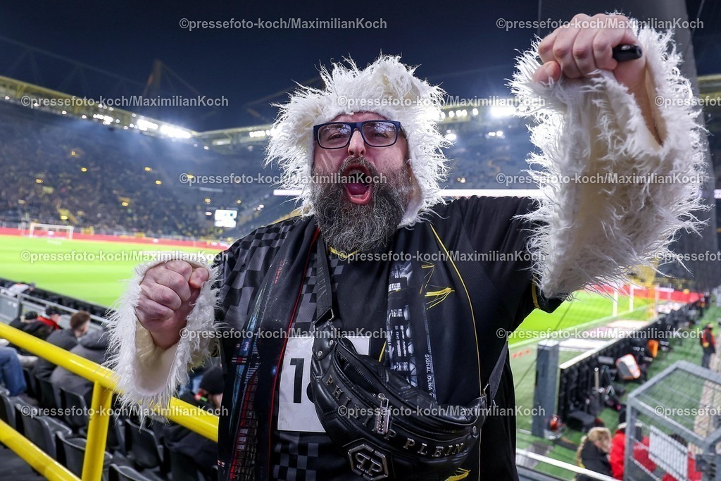 BVB13022601019 | 13.02.2026, Fußball, Borussia Dortmund - 1.FSV Mainz 05,, 1. Fußball Bundesliga, 22. Spieltag, Signal Iduna Park, Saison 2025 2026: Verklkeidete BVB Fans freuen sich auf das Spiel und feiern Karneval und Fußball zusammen auf der Tribüne.  DFB regulations prohibit any use of photographs as image sequences and or quasi-video.
