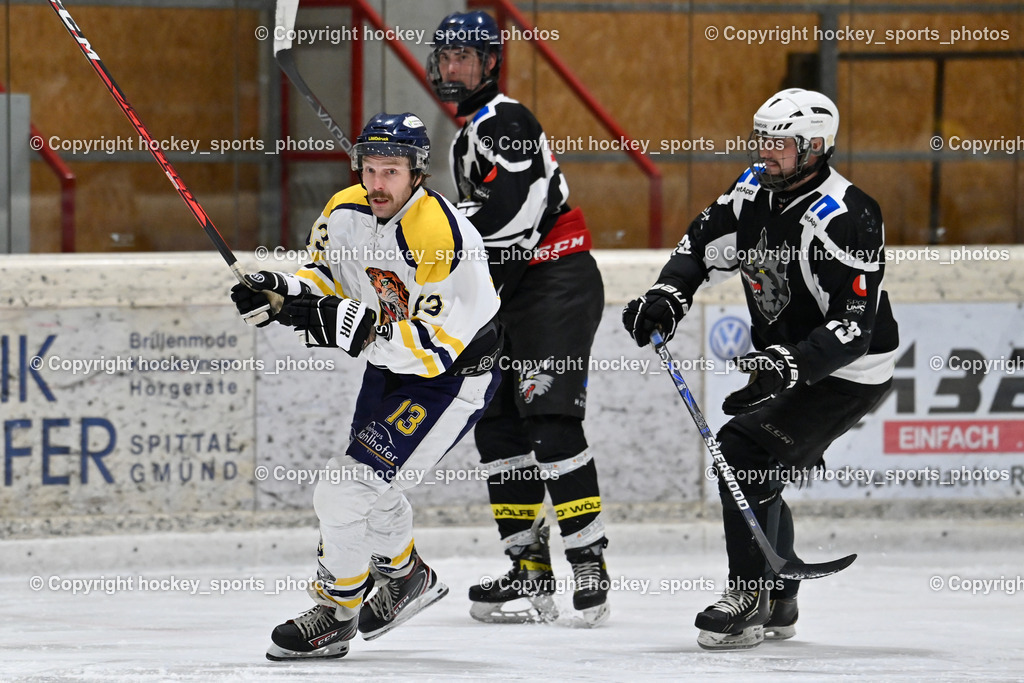 EC Tigers Paternion vs. Tarco Wölfe II | #13 Untermoser Christoph EC Tigers Paternion,#19 Werner Maximilian Tarco Wölfe II,  #13 Dobnig Helge Tarco Wölfe II, EC Tigers Paternion vs. Tarco Wölfe II, EC Tigers Paternion vs. Tarco Wölfe II am 19.12.2024 in Spittal an der Drau (Eissportzentrum Spittal), Austria, (Photo by Bernd Stefan)