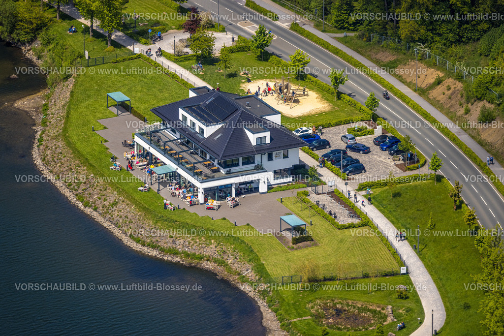 Sundern230505170 | Luftbild, Heimathafen Gastronomie Grote Bäckerei an der Uferpromenade Seestraße am Sorpesee, Amecke, Sundern, Sauerland, Nordrhein-Westfalen, Deutschland