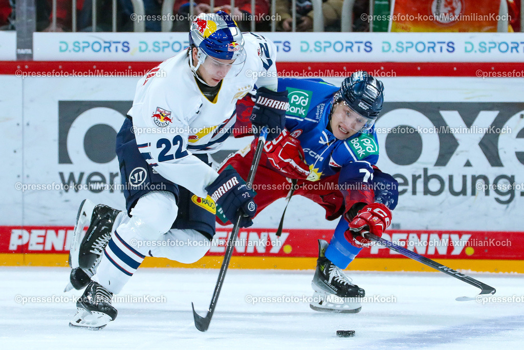 DueDEL17022401008 | 17.02.2024, Düsseldorf, Eishockey, Penny DEL, 45. Spieltag, PSD-BANK Dome, Düsseldorfer EG - EHC Red Bull München: Jakob Weber (EHC Red Bull München) gegen Kohen Olischefski (Düsseldorfer EG)