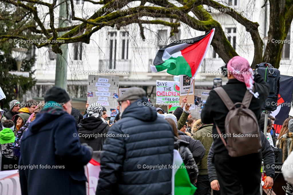 Demonstration Paleastina in Linz_ Pro Gaza_ 14.01.2024-17 | 14.01.2024, Linz, AUT, Demonstration, im Bild Palästina, Palaestina, Gaza, Demoteilnehmer, Teilnehmer, Kundgebung, Plakate, Fahnen, Polizei, Beamte, Polizeifahrzeuge, Einsatzkraefte, Israel, Krieg, Hamas, Geisel, Freiheit, Frieden