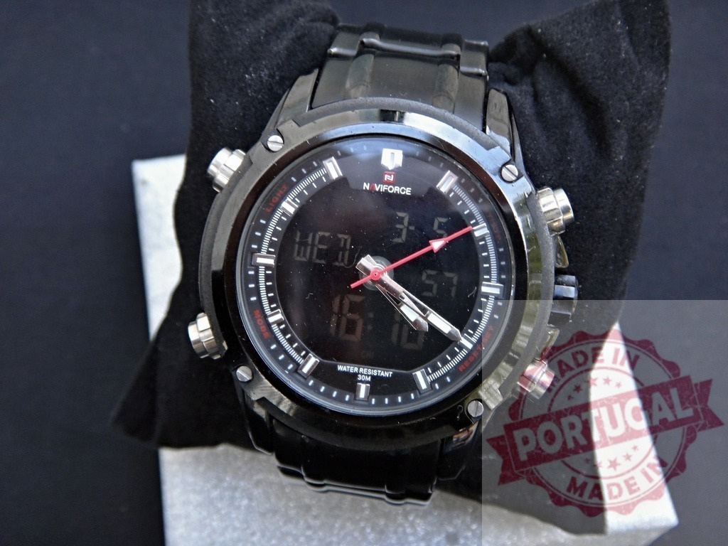 Naviforce watch displaying analog and digital time | Naviforce men's dual display wristwatch against black background - Realized with Pictrs.com