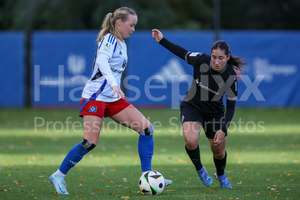 Fussball, 2. Frauen-Bundesliga, Hamburger SV - Borussia Mönchengladbach | v.li.: Mia Büchele (Hamburger SV, 17) und Imke Kessels (Borussia Mönchengladbach, 24) im Zweikampf, Duell, Dynamik, Aktion, Action, Spielszene, DIE DFB-RICHTLINIEN UNTERSAGEN JEGLICHE NUTZUNG VON FOTOS ALS SEQUENZBILDER UND/ODER VIDEOÄHNLICHE FOTOSTRECKEN. DFB REGULATIONS PROHIBIT ANY USE OF PHOTOGRAPHS AS IMAGE SEQUENCES AND/OR QUASI-VIDEO.