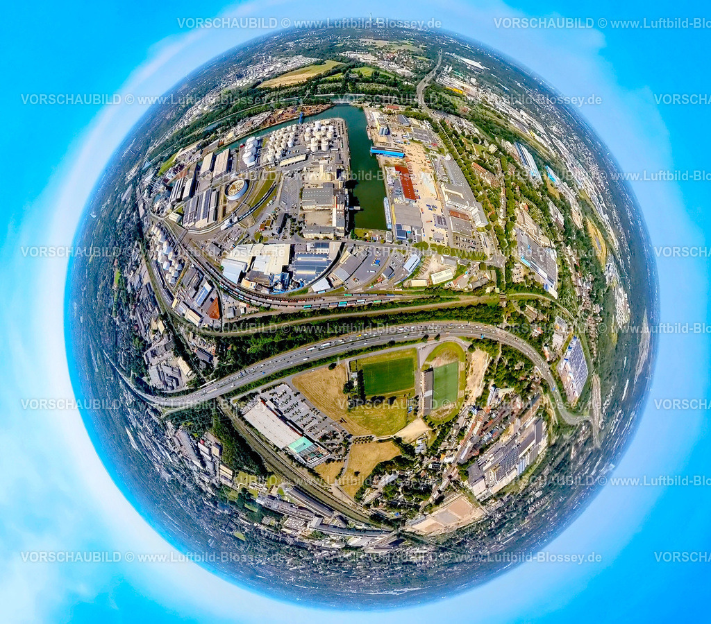 Gelsenkirchen240890583A42_Stadthafen | Luftbild, Stadthafen am Rhein-Herne-Kanal und Autobahn A42 mit Stau, Bahngleise, Erdkugel, Fisheye Aufnahme, Fischaugen Aufnahme, 360 Grad Aufnahme, tiny world, little planet, fisheye Bild, Schalke-Nord, Gelsenkirchen, Ruhrgebiet, Nordrhein-Westfalen, Deutschland