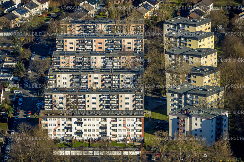Castrop-Rauxel240106509 | Luftbild, Wohngebiet Mehrfamilienhäuser und Hochhäuser Reihenhaus-Siedlung Deininghausen, Straßen mit ostdeutschen Städtenamen, Balkone, Castrop-Rauxel, Ruhrgebiet, Nordrhein-Westfalen, Deutschland