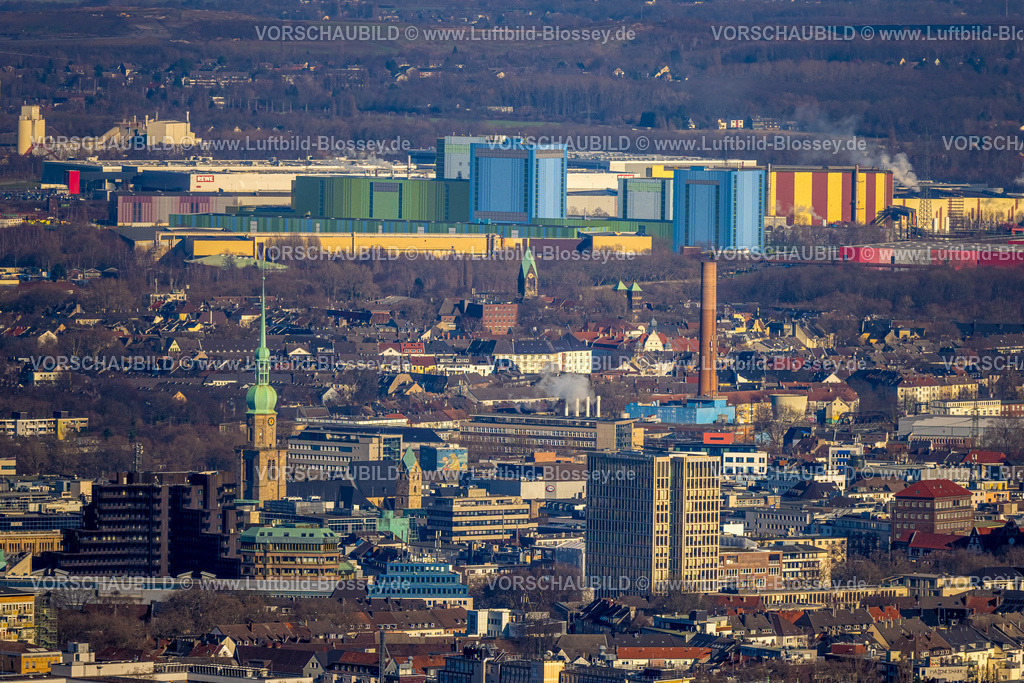 Dortmund230200778 | Luftbild, City, Reinoldikirche, Blick auf Westfalenhütte Gelände mit Rewe Logistik und thyssenkrupp Steel, Dortmund, Ruhrgebiet, Nordrhein-Westfalen, Deutschland