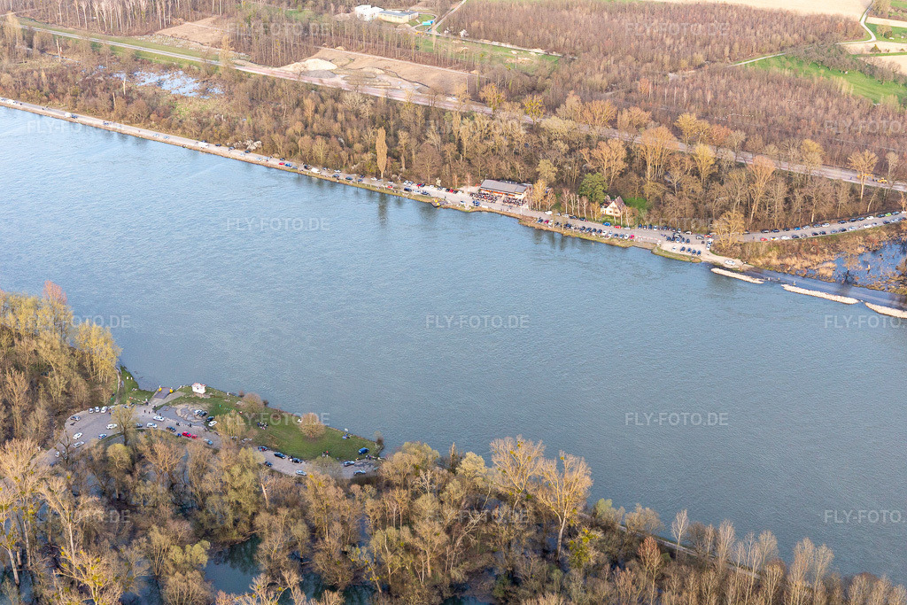 Luftbild: Rheinfähre Leimersheim, Ausflugslokal Rheinblick Leopoldshafen im Ortsteil Leopoldshafen in Eggenstein-Leopoldshafen im Bundesland Baden-Württemberg in Deutschland. Foto: IMG_120100.jpg vom 15.03.2020 durch Werner Riehm/FLY-FOTO.deRheinblick Leopoldshafen
