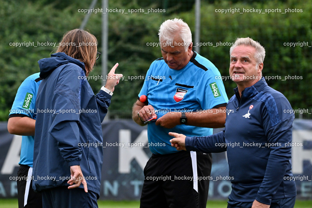 SAK vs. ATUS Ferlach | Headcoach SAK Richard Huber, Eric Erlbeck Referee, Tormancoach SAK Johann Smrecnik, SAK vs. ATUS Ferlach, SAK vs. ATUS Ferlach am 01.08.2025 in Klagenfurt (Sportpark Welzenegg), Austria, (Photo by Bernd Stefan)