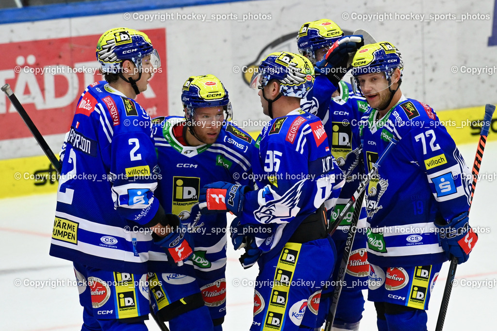 EC IDM Wärmepumpen VSV vs. HC Pustertal 8.10.2023 | Jubel EC VSV, #2 MACPHERSON Dylan EC VSV, #95 KATIC Mark EC VSV,  #72 HUGHES John EC VSV, #55 SABOLIC Robert EC VSV,  EC IDM Wärmepumpen VSV vs. HC Pustertal 8.10.2023, EC IDM Wärmepumpen VSV vs. HC Pustertal am 08.10.2023 in Villach (Stadthalle Villach), Austria, (Photo by Bernd Stefan)