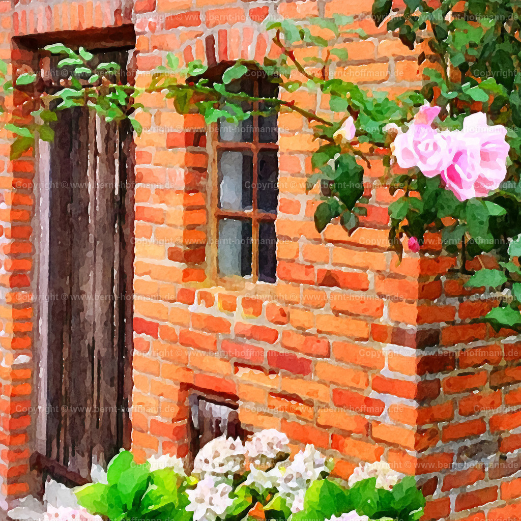 PDM2_7062_HP-Gartenhaus_80x80 | DIGITALKUNST. Ziegelhäuschen mit Rosenblüte. __ Mauerwerk eines Backstein -Hauses mit Hortensien und Rosenblüten. Garten von " HAUS PETERS " in Tetenbüll auf Eiderstedt. - Realisiert mit Pictrs.com
