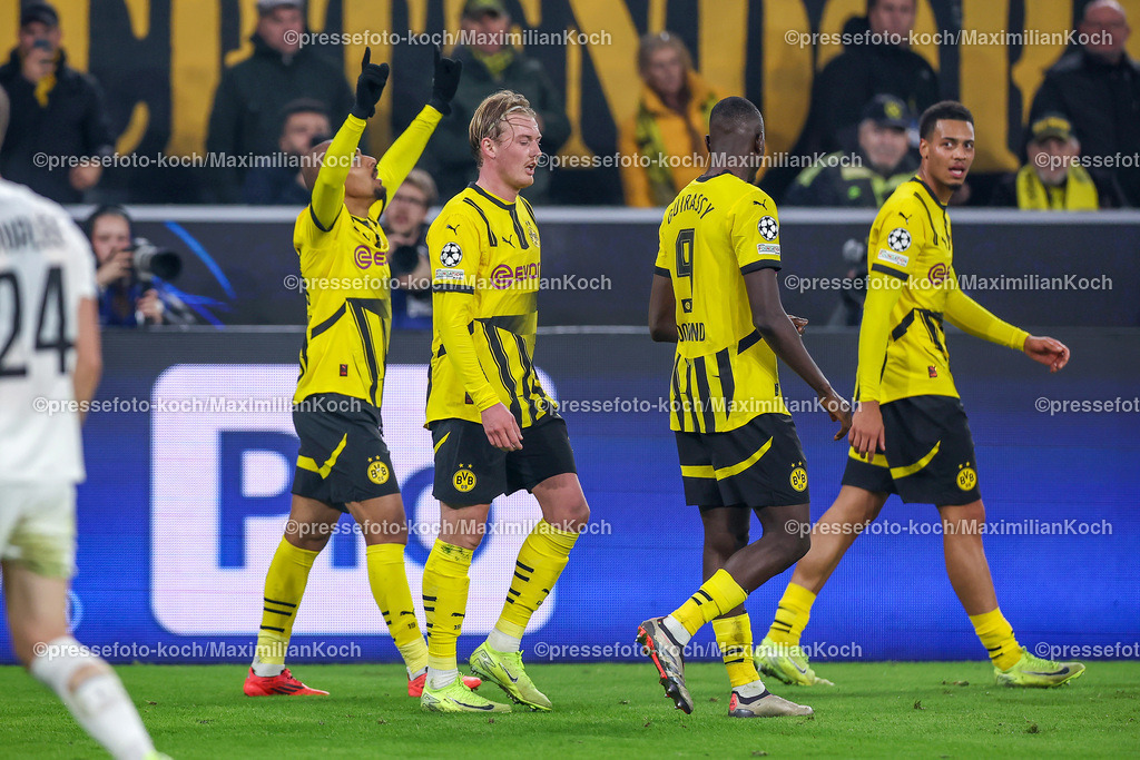 BVB05112401049 | 05.11.2024, Fußball, UEFA Champions League, Borussia Dortmund - SK Sturm Graz, 4. Spieltag, Signal Iduna Park, Saison 2024 2025: Torschuss Torjubel zum nach dem 1:0 durch Donyell Malen (BVB #21)