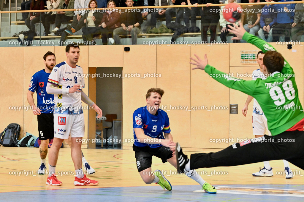 SC Ferlach vs. ALPLA HC Hard 2.3.2024 | #6 KROBATH Leander SC Ferlach, #8 STEVANOVIC Nikola HC Hard, #9 SAGER Nico SC Ferlach, #98 MÖSTL Constantin HC Hard, SC Ferlach vs. ALPLA HC Hard 2.3.2024, SC Ferlach vs. ALPLA HC Hard am 02.03.2024 in Ferlach (Ballspielhalle Ferlach), Austria, (Photo by Bernd Stefan)