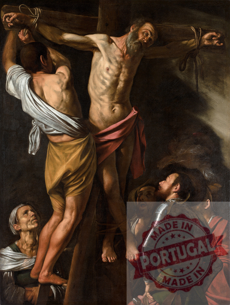 Art by Carravagio Saint Andrew sacrificing life on X-shaped cross | Saint Andrew crucified on an X-shaped cross with figures surrounding him - Realisiert mit Pictrs.com