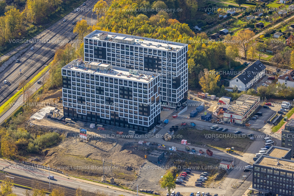 Bochum221100527 | Luftbild, Seven Stones Quartier, Baustelle und Neubau eines Gebäudekomplexes in Modulbauweise am Community Campus, Wiemelhausen, Bochum, Ruhrgebiet, Nordrhein-Westfalen, Deutschland