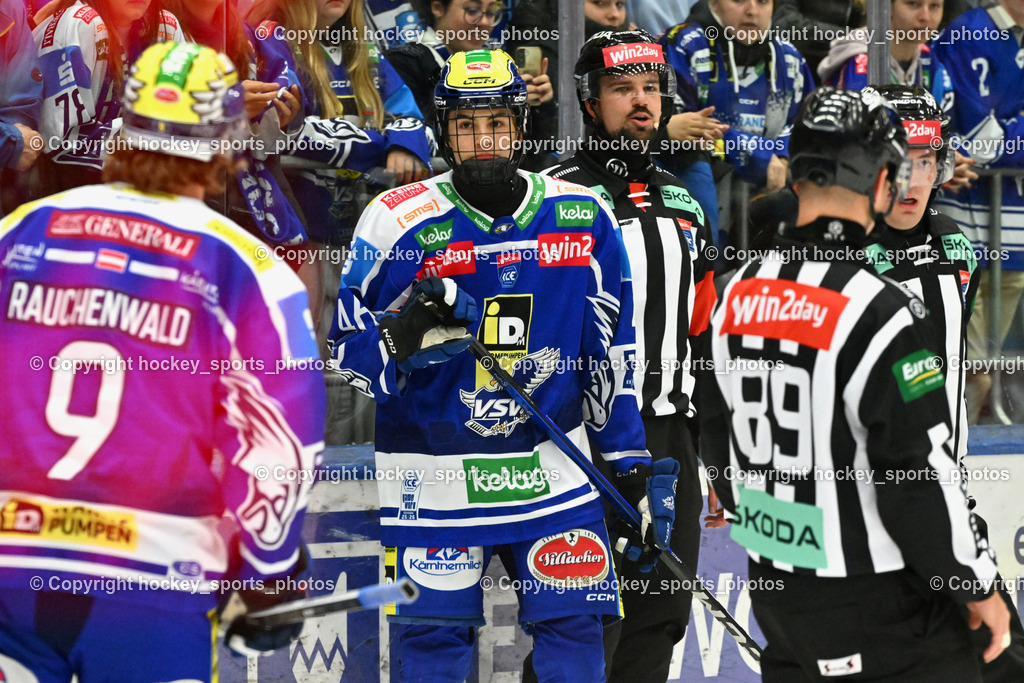 EC IDM Wärmepumpen VSV vs. Pioneers Vorarlberg | #9 Alexander Rauchenwald EC VSV, #46 Paul Sintschnig EC VSV, JERAM FILIP Referee, EC IDM Wärmepumpen VSV vs. Pioneers Vorarlberg, EC IDM WÄRMEPUMPEN VSV vs. Pioneers Vorarlberg am 03.10.2025 in Villach (Stadthalle Villach), Austria, (Photo by Bernd Stefan)