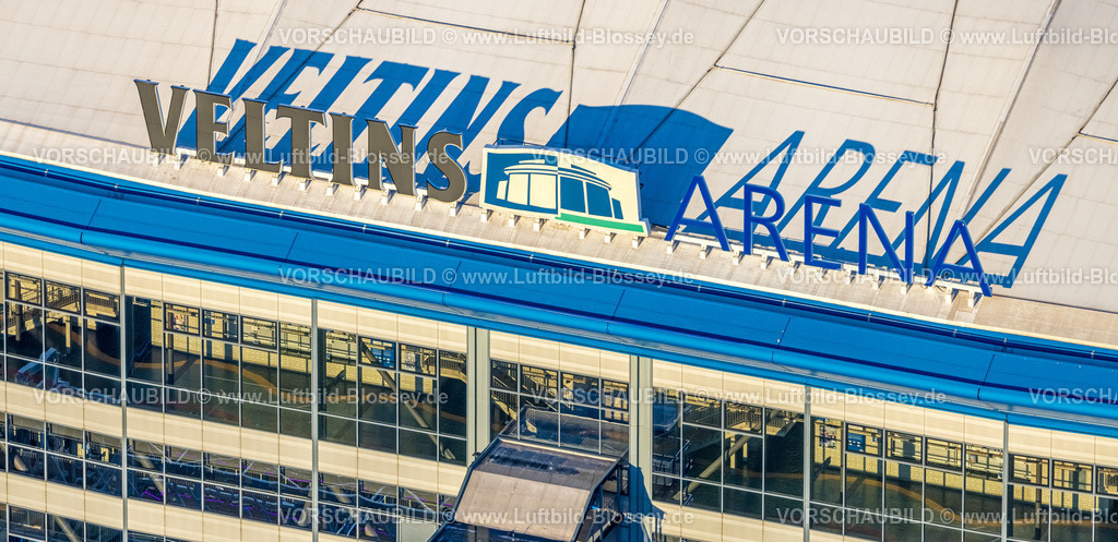 Gelsenkirchen230202348 | Luftbild, Schatten-Schriftzug Veltins-Arena am Bundesligastadion des FC Schalke 04, Erle, Gelsenkirchen, Ruhrgebiet, Nordrhein-Westfalen, Deutschland