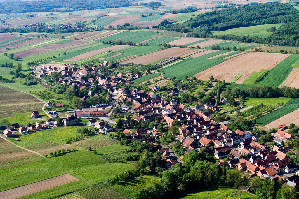 Aerial view: Agricultural fields and arable land in Cleebourg in the state Bas-Rhin, France. – Photo: IMG_10796.jpg taken on 05/12/2008 by Werner Riehm/FLY-FOTO.com – Resolution of the original: 3240 x 2160 px