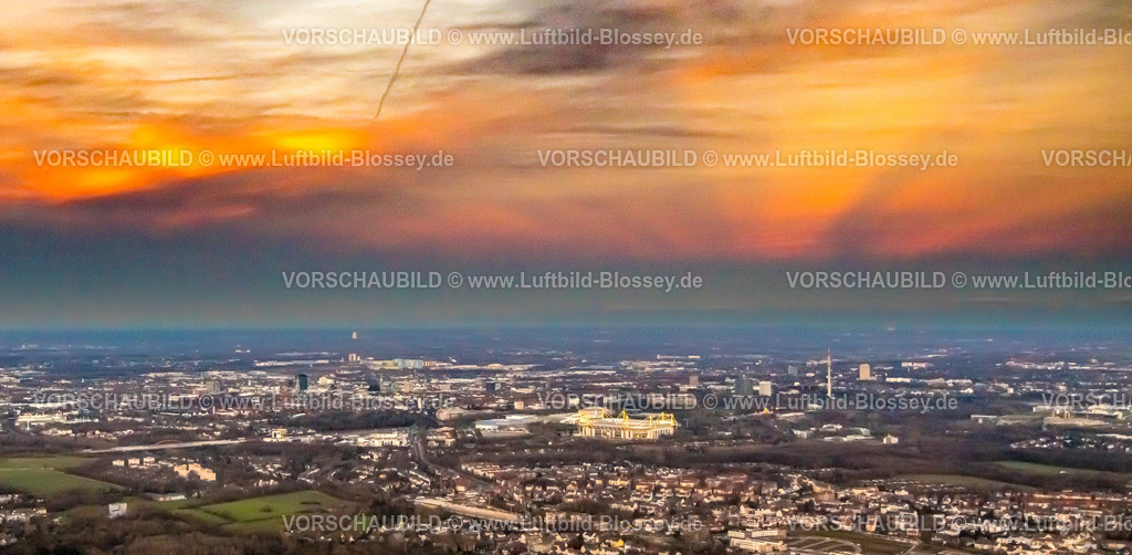 Dortmund230102489 | Luftbild, Glutroter Abendhimmel über Dortmund und dem Signal Iduna Park Fußballstadion, Westfalenhalle, Dortmund, Ruhrgebiet, Nordrhein-Westfalen, Deutschland