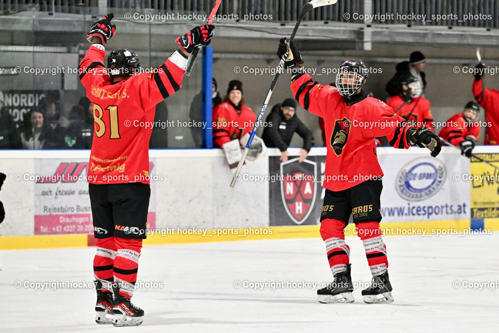 Lendhafen Seelöwen vs. Spartans Althofen | Jubel Spartans Althofen Mannschaft, #81 Jakobitsch Silvio Spartans Althofen, #70 Schumnig Martin Spartans Althofen, Lendhafen Seelöwen vs. Spartans Althofen, Lendhafen Seelöwen vs. Spartans Althofen am 14.02.2025 in Ferlach (HTC Eishalle Ferlach), Austria, (Photo by Bernd Stefan)